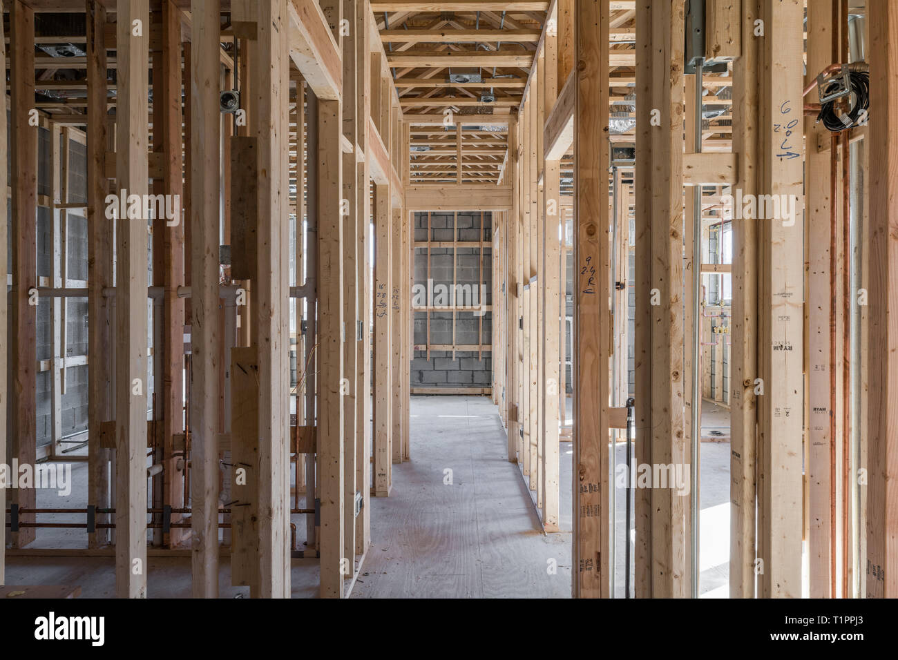 Framing for drywall in an apartment under construction Stock Photo