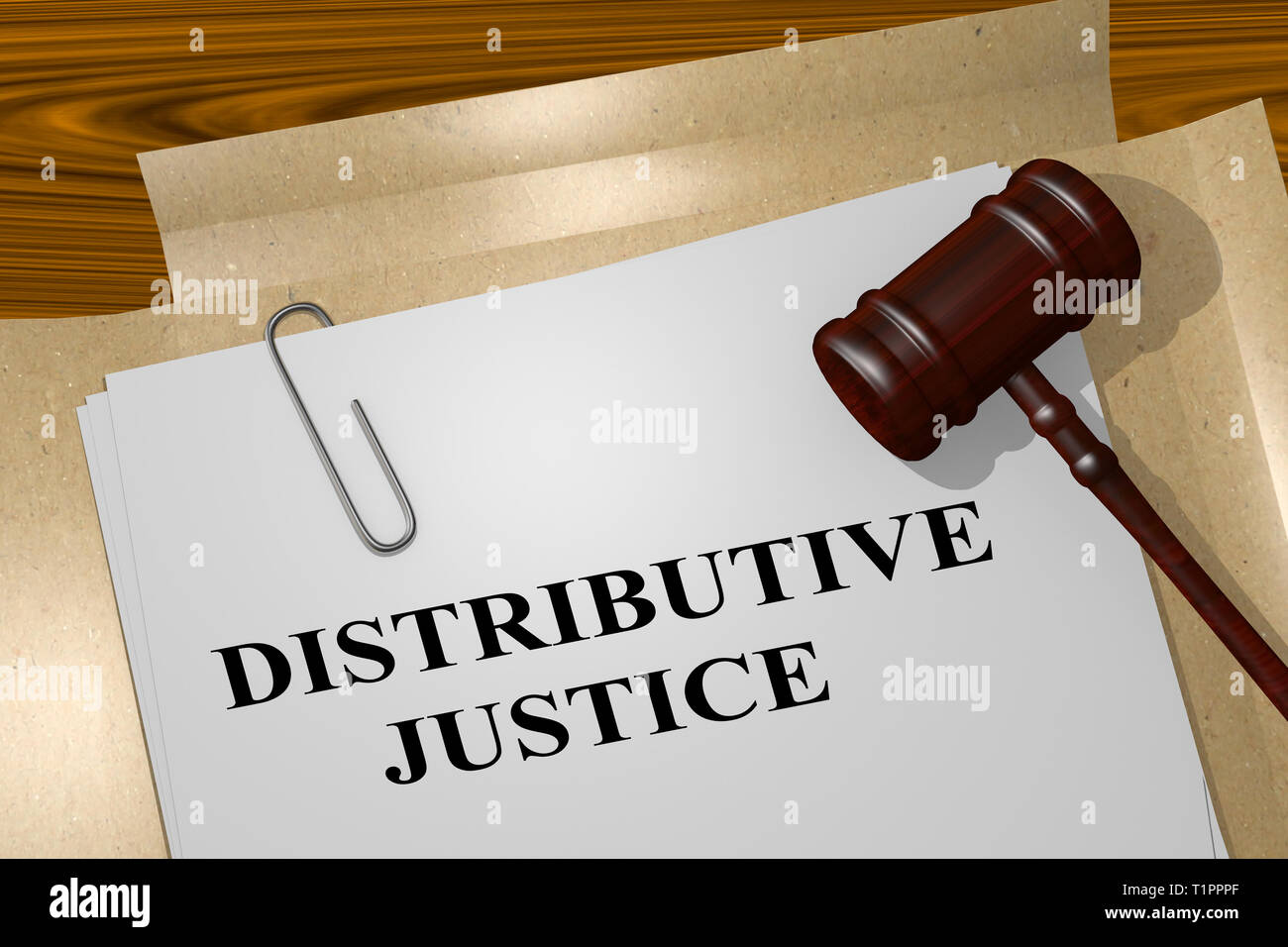 3D illustration of DISTRIBUTIVE JUSTICE title on legal document Stock