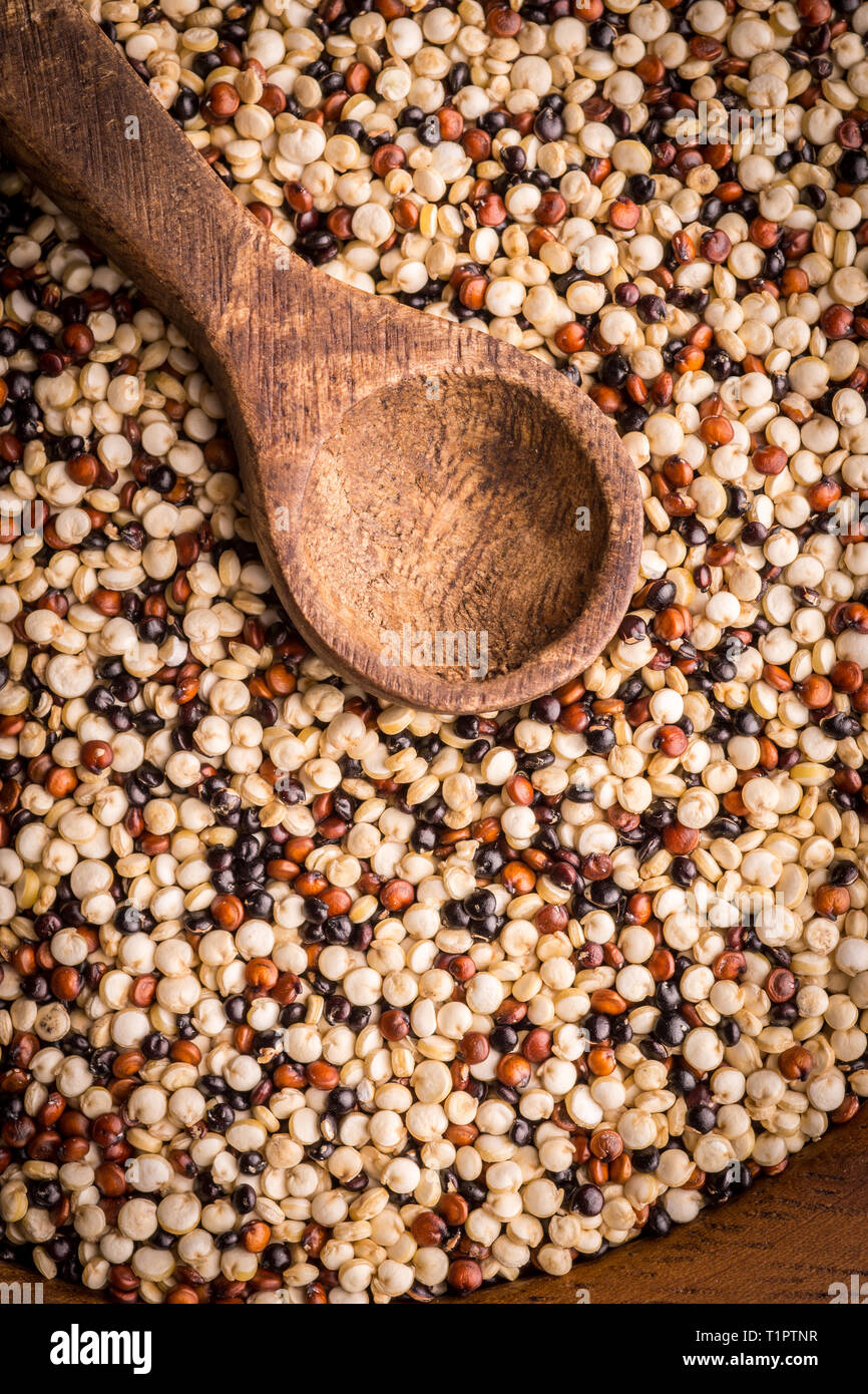 Organic Quinoa Grains with Wooden Spoon Stock Photo