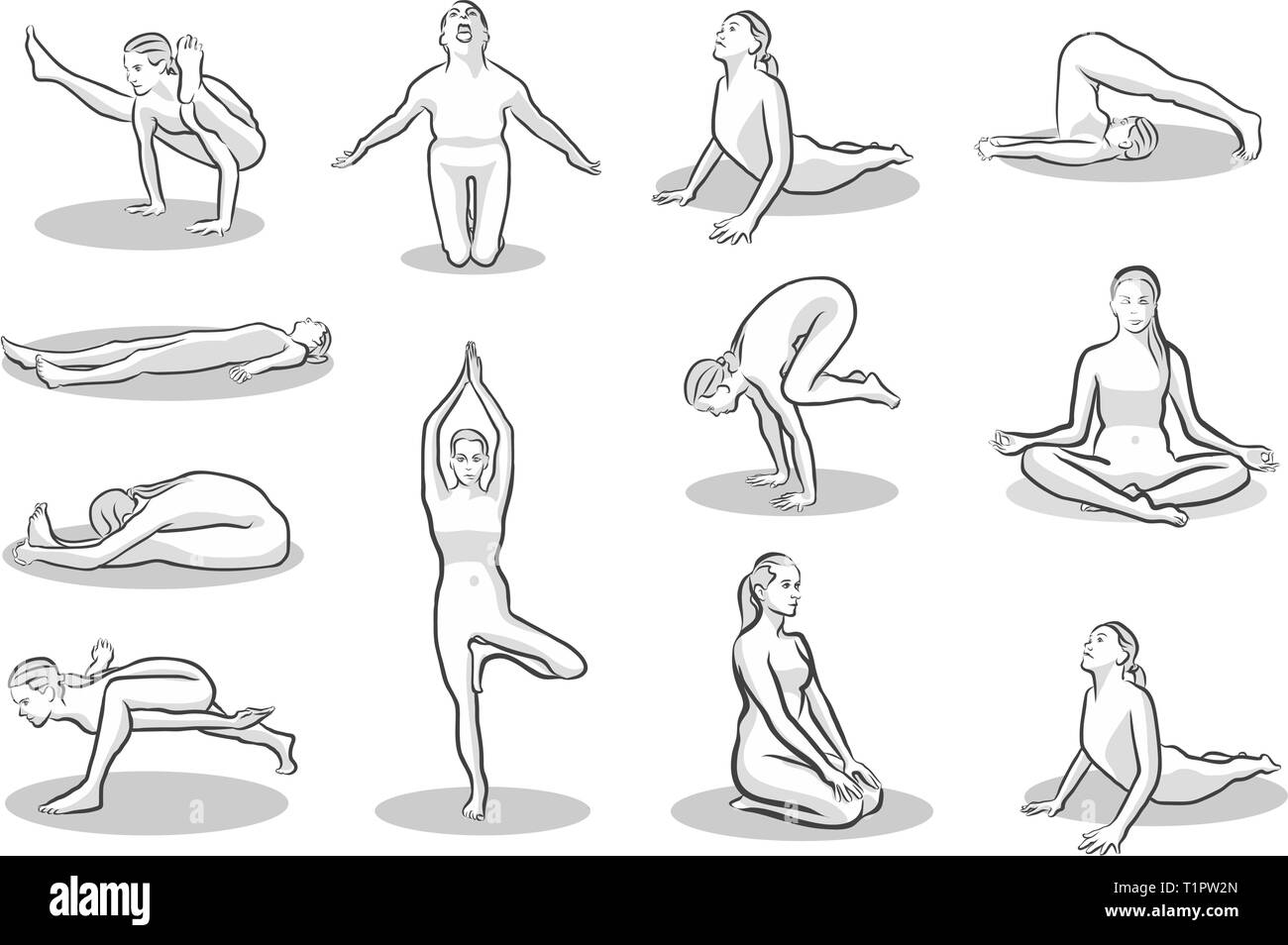 Set of twelve yoga poses. hand-drawn vector sketches separated on white. Stock Vector