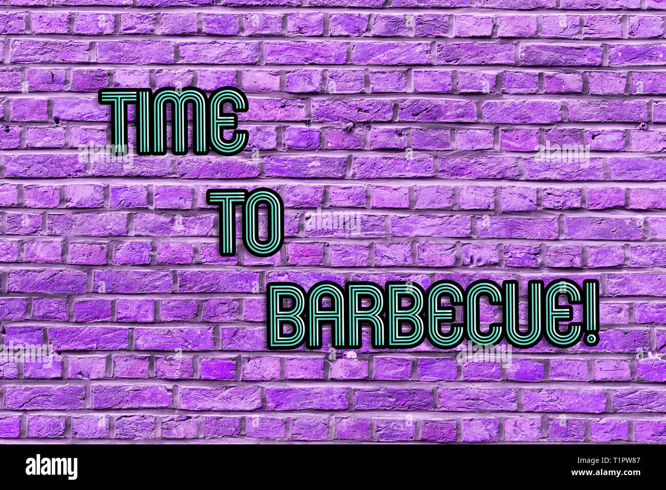 kølig transaktion Meningsløs Conceptual hand writing showing Time To Barbecue. Concept meaning Relaxing  cooking meat chicken pork on grill Summer activity Brick Wall art like Graf  Stock Photo - Alamy