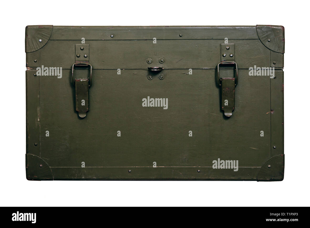 A green military storage box for ammunition. Green box from the war with scratches and locks in