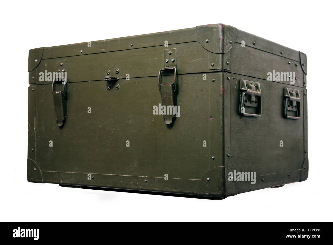 A green military storage box for ammunition. Green box from the war with scratches and locks in