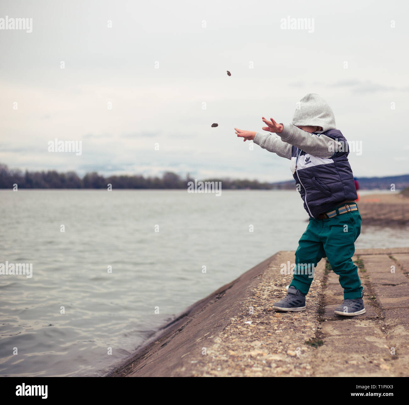 Toddler boy exploring the world by throwing rocks in the river Stock Photo