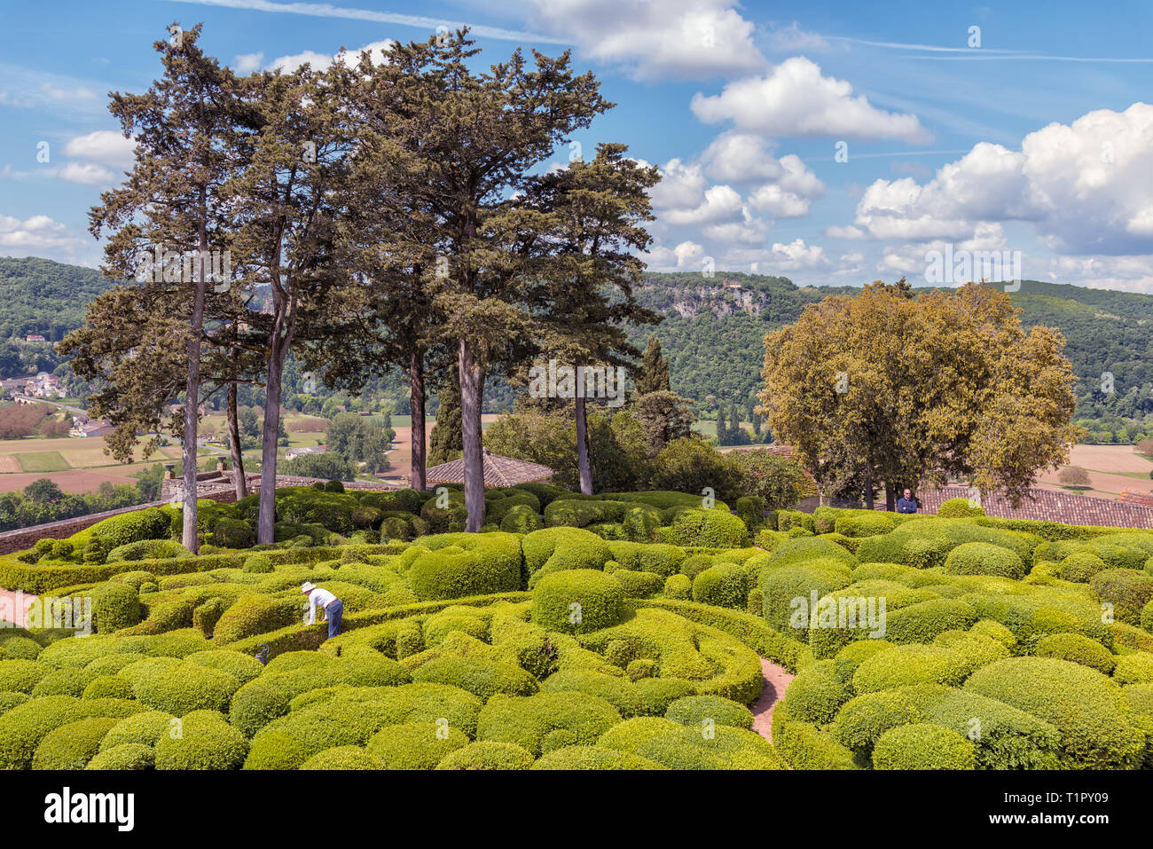 The Marqueyssac Gardens are located next to the Château de Marqueyssac, Dordogne, France. They are high up on a cliff top above the Dordogne Valley. Stock Photo