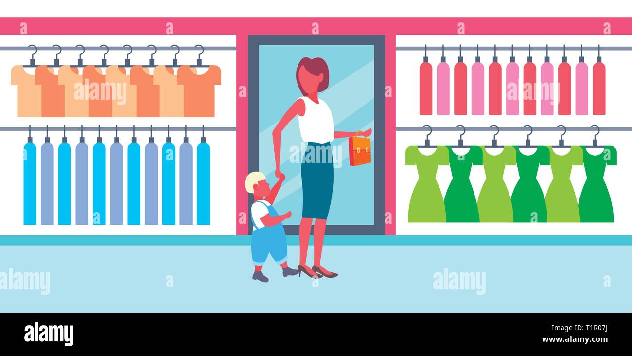 woman with her baby son choosing new clothes young mother and little boy walking big fashion shop boutique modern shopping mall interior horizontal Stock Vector