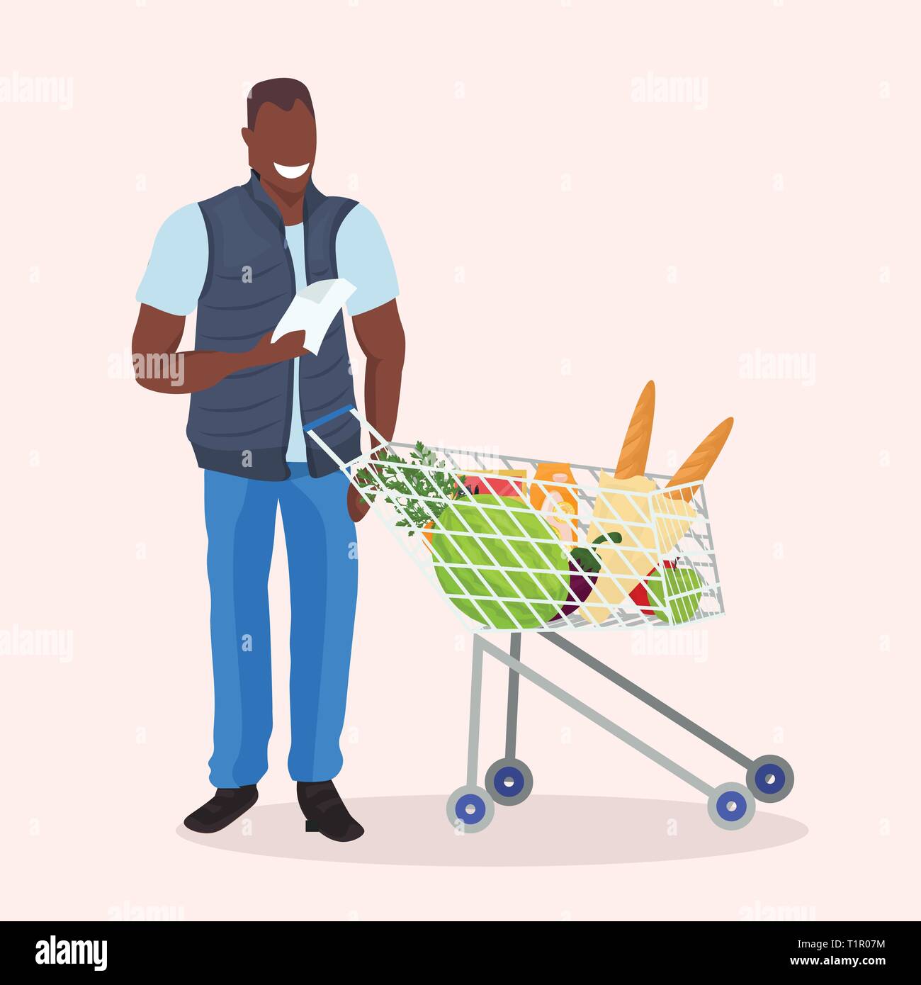 african american man checking shopping list happy male customer with  trolley cart buying products in grocery market cartoon character full  length flat Stock Vector Image & Art - Alamy