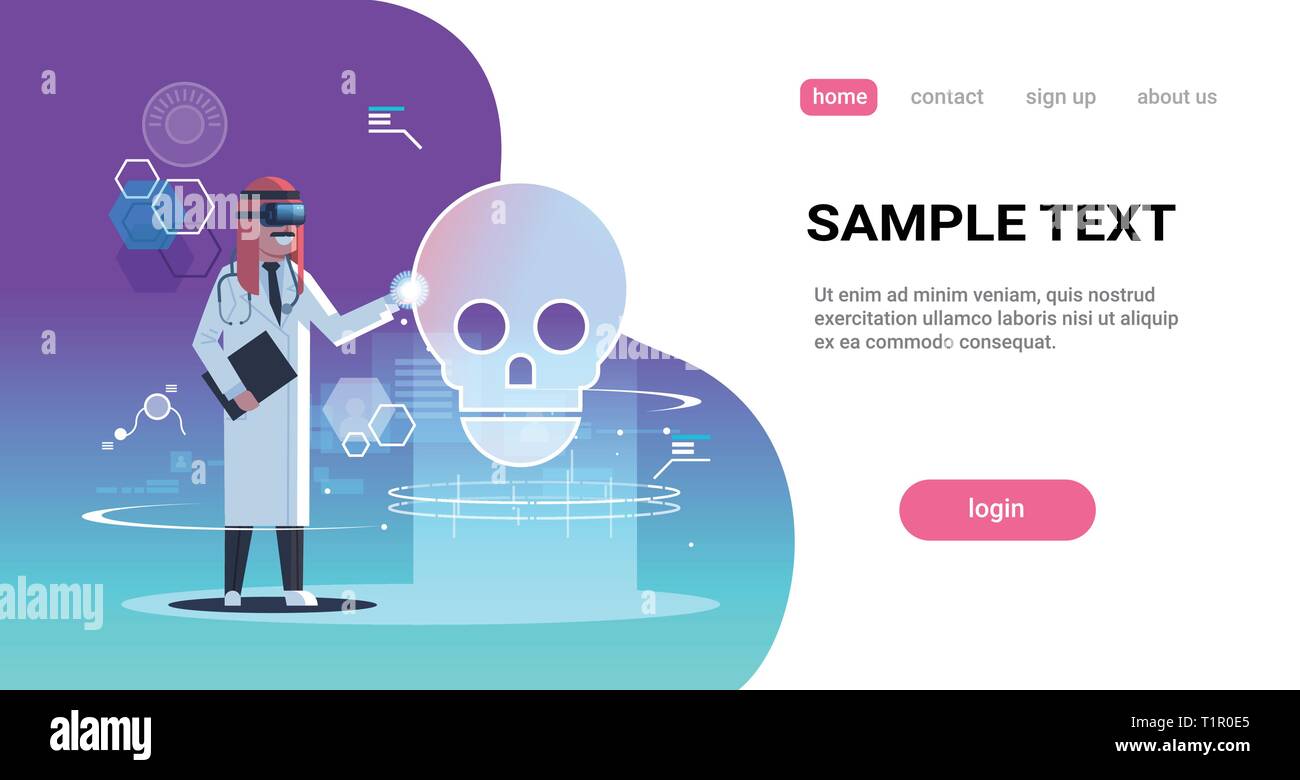 arab doctor wearing digital glasses looking virtual reality skull human ...