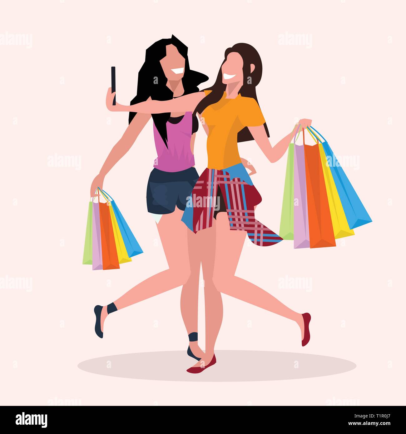 Two Women Taking Selfie Photo On Smartphone Camera Girls With Colorful Shopping Bags Posing And Smiling Big Sale Concept Female Cartoon Characters Stock Vector Image Art Alamy