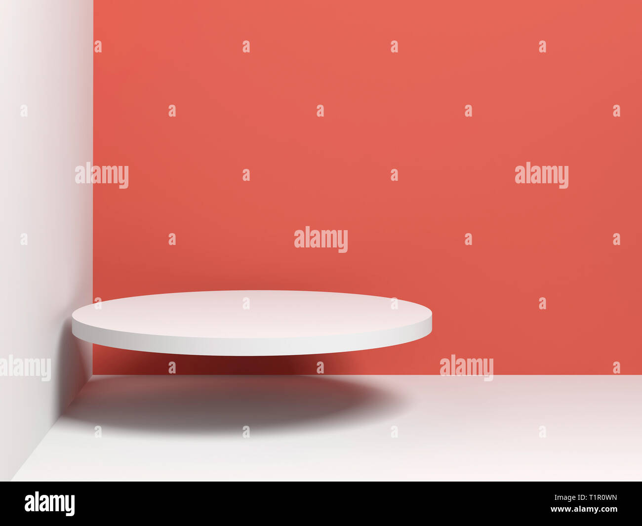 White cylindrical podium object flying in empty room corner, 3d render illustration Stock Photo