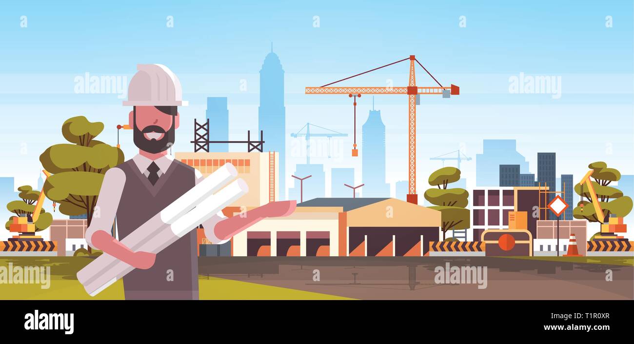 man architect in helmet holding rolled up blueprints over city construction site tower cranes building residential buildings cityscape skyline Stock Vector