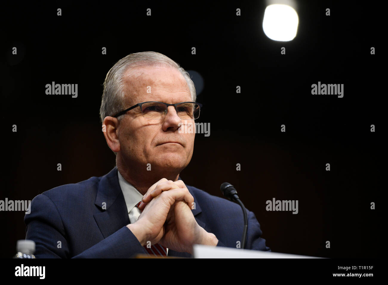Washington, USA. 27th Mar, 2019. Daniel Elwell, acting administrator of the U.S. Federal Aviation Administration (FAA), attends a Senate Commerce Committee hearing on airline safety in Washington, DC, the United States, on March 27, 2019. The U.S. Federal Aviation Administration (FAA) on Wednesday vowed to revamp its air safety oversight after two deadly crashes involving Boeing 737 Max jets in less than five months pointed to possible lapses in the aircraft approval process. Credit: Liu Jie/Xinhua/Alamy Live News Stock Photo