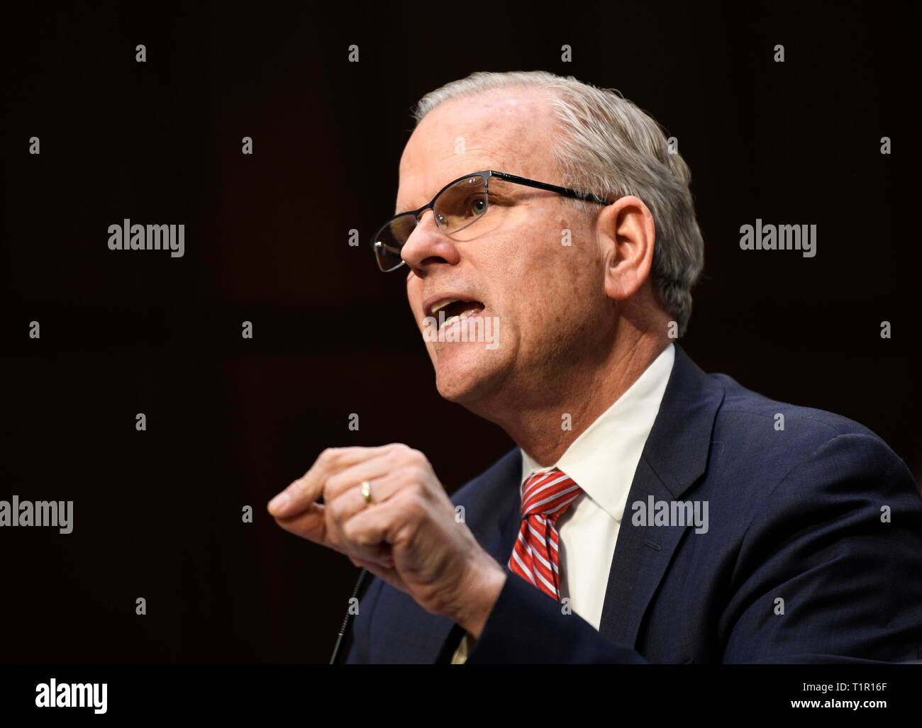 Washington, USA. 27th Mar, 2019. Daniel Elwell, acting administrator of the U.S. Federal Aviation Administration (FAA), speaks at a Senate Commerce Committee hearing on airline safety in Washington, DC, the United States, on March 27, 2019. The U.S. Federal Aviation Administration (FAA) on Wednesday vowed to revamp its air safety oversight after two deadly crashes involving Boeing 737 Max jets in less than five months pointed to possible lapses in the aircraft approval process. Credit: Liu Jie/Xinhua/Alamy Live News Stock Photo