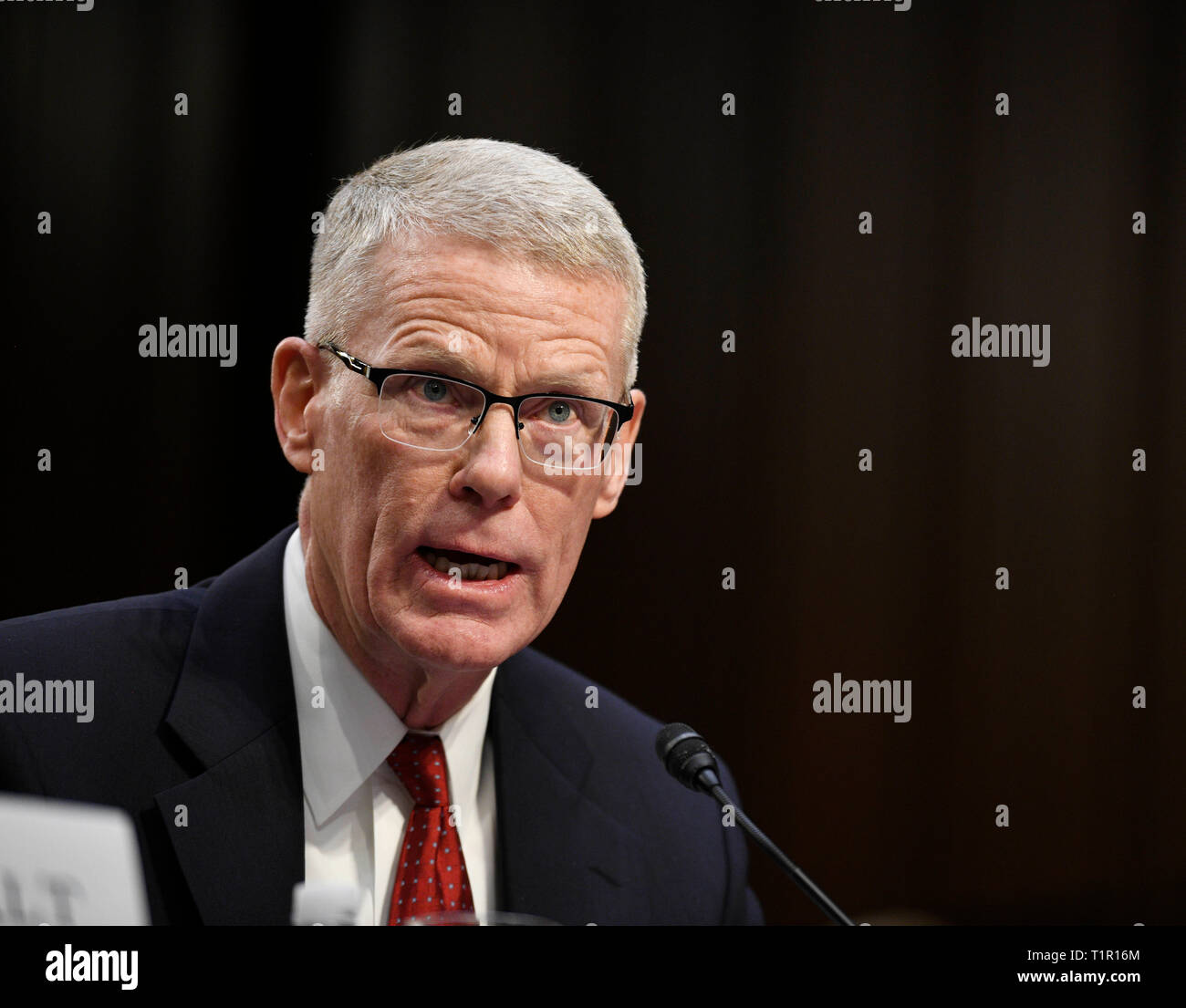 Washington, USA. 27th Mar, 2019. Calvin Scovel, the U.S. Transportation Department's inspector general, speaks at a Senate Commerce Committee hearing on airline safety in Washington, DC, the United States, on March 27, 2019. The U.S. Federal Aviation Administration (FAA) on Wednesday vowed to revamp its air safety oversight after two deadly crashes involving Boeing 737 Max jets in less than five months pointed to possible lapses in the aircraft approval process. Credit: Liu Jie/Xinhua/Alamy Live News Stock Photo