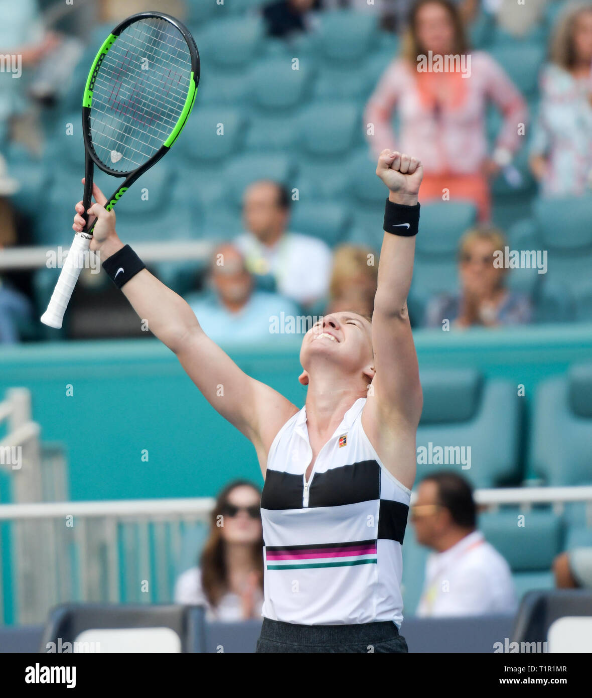 Miami, Florida, USA. 27th Mar, 2019. Simona Halep (ROU) defeated Qiang Wang  (CHN) 6-4, 7-5, at the Miami Open being played at Hard Rock Stadium in Miami,  Florida. © Karla Kinne/Tennisclix 2010/CSM/Alamy
