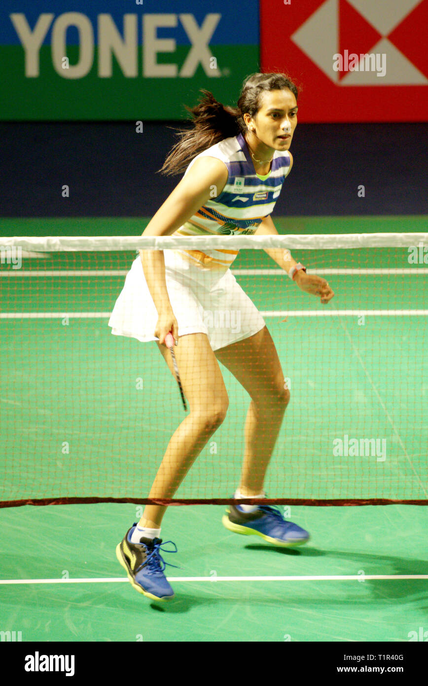 New Delhi, India. 27th March 2019. P. V. Sindhu of India in action in the first round of Yonex Sunrise India Open 2019 in New Delhi, India. Credit: Karunesh Johri/Alamy Live News Stock Photo