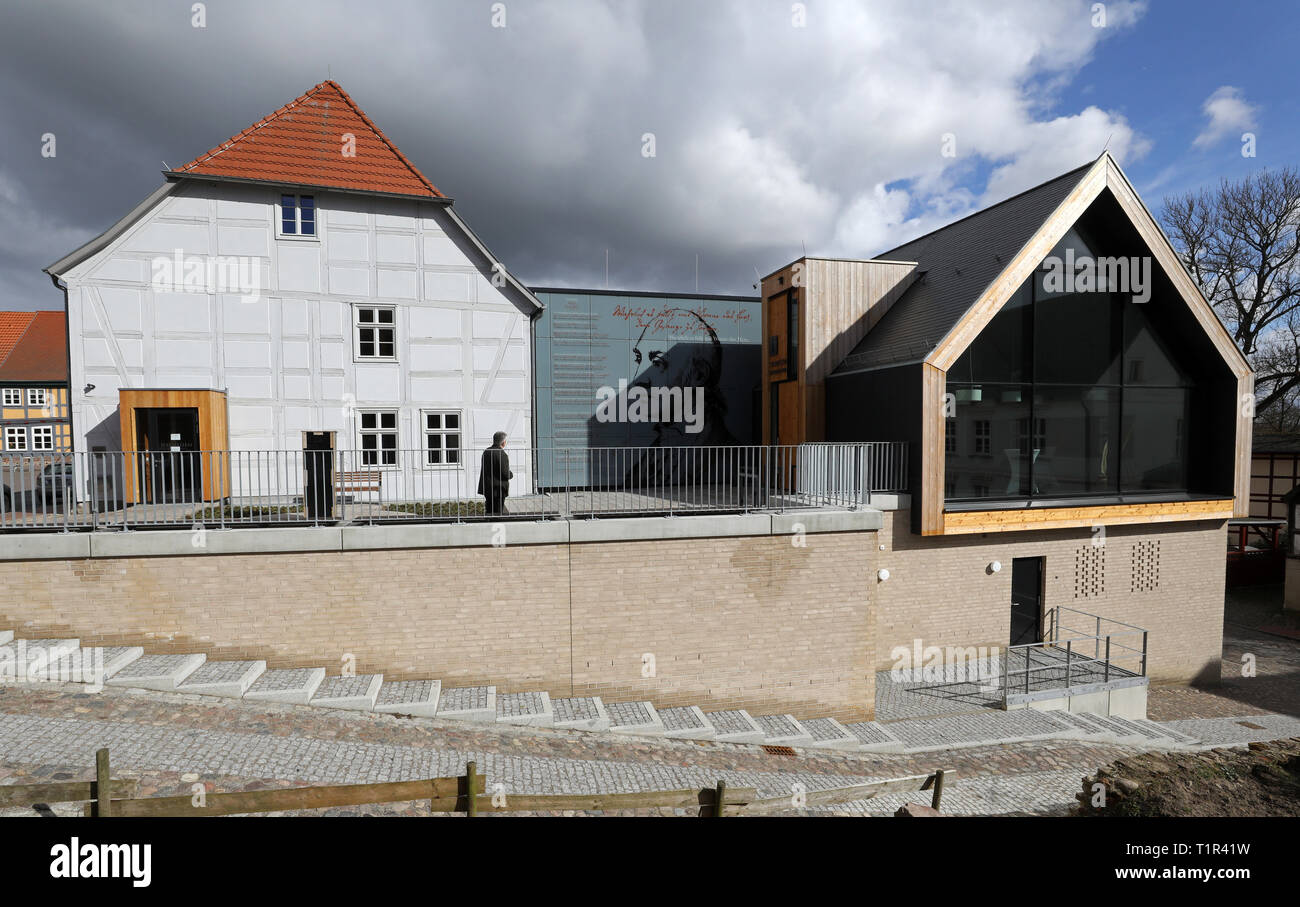 Penzlin, Germany. 25th Mar, 2019. The rebuilt and extended town school, in which Johann Heinrich Voss (1751-1826) learned from 1759-1766, is opened on 29.03.2019 as a literary house for the Homer translator. The 2.2 million euro project includes the exhibition 'Johann Heinrich Voß. A Greek from Mecklenburg', an event hall, tourist information and library. The most famous son of the city became known as a poet especially with translations of the 'Odyssey' and the 'Iliad', to which also the legend about the conquest of the ancient Troy belonged. Credit: Bernd Wüstneck/dpa/Alamy Live News Stock Photo