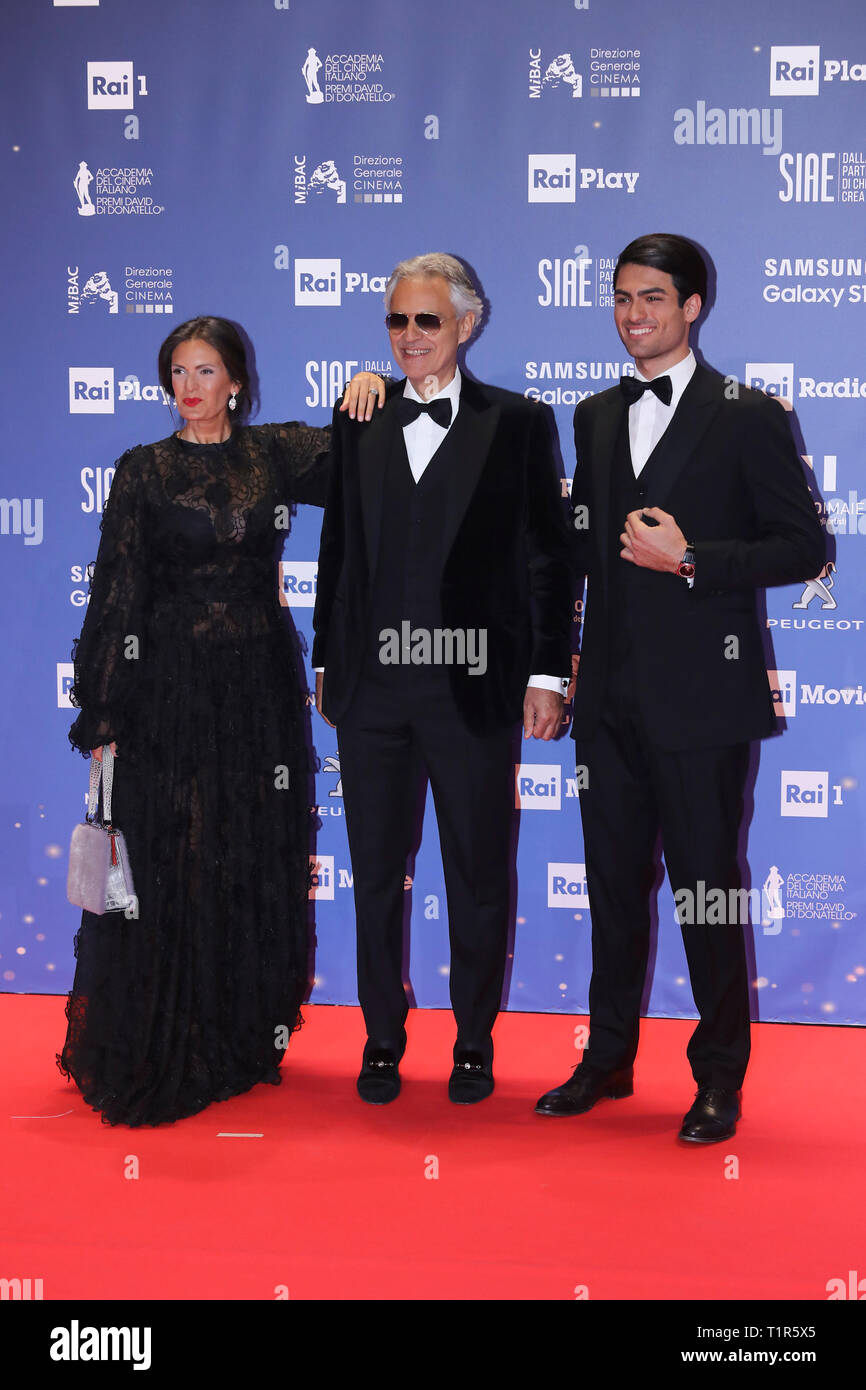 Rome, Italy. 27th Mar, 2019. Rome, Studios, 64th David di Donatello Awards. In the picture: Andrea Bocelli with his wife Veronica Berti and their son Matteo Credit: Independent Photo Agency Srl/Alamy Live News Stock Photo