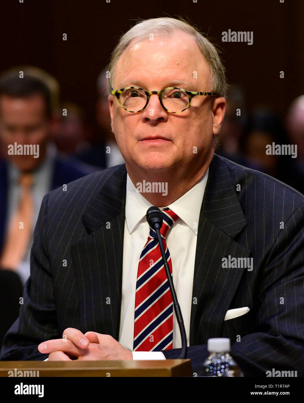 Washington, United States Of America. 27th Mar, 2019. Robert Sumwalt, Chairman, National Transportation Safety Board (NTSB) testifies before the United States Senate Committee on Commerce, Science, and Transportation Subcommittee on Aviation and Space, during a hearing titled, "The State of Airline Safety: Federal Oversight of Commercial Aviation" to examine problems with the Boeing 737 Max aircraft highlighted by the two recent fatal accidents. Credit: Ron Sachs/CNP | usage worldwide Credit: dpa/Alamy Live News Stock Photo