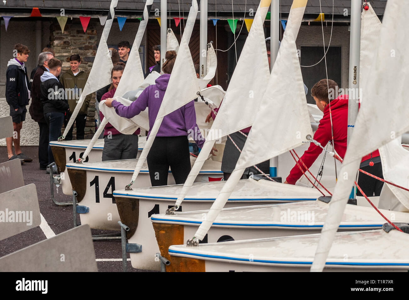 Schull, West Cork, Ireland. 28th Mar, 2019. Competitors and juddges prepare for a day's sailing on the second day of the Munster Schools Team Racing Championships, which is being held at the Fastnet Marine and Outdoor Education Centre in Schull today. The competition comprises of 13 teams of 6 sailors with the winners going on to compete in the National Championships. Credit: AG News/Alamy Live News Stock Photo