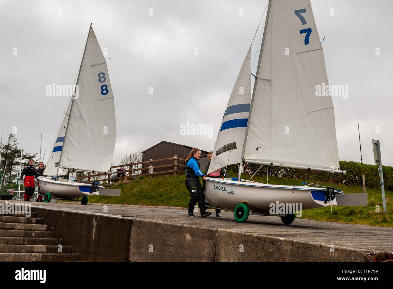 Schull, West Cork, Ireland. 28th Mar, 2019. Competitors launch their boats for a day's sailing on the second day of the Munster Schools Team Racing Championships, which is being held at the Fastnet Marine and Outdoor Education Centre in Schull today. The competition comprises of 13 teams of 6 sailors with the winners going on to compete in the National Championships. Credit: AG News/Alamy Live News Stock Photo