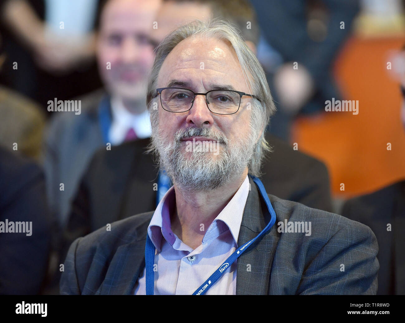 Erfurt, Germany. 28th Mar, 2019. Karlheinz Brandenburg, professor and co- inventor of the mp3 process for audio data compression, is following the  opening of the Central German Fair for Digitisation in the Arena
