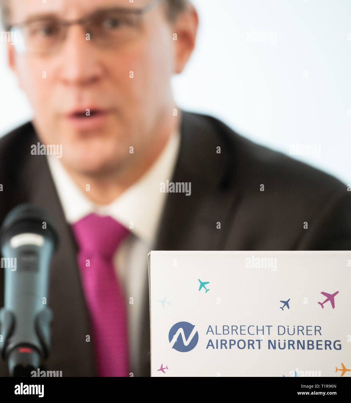 28 March 2019, Bavaria, Nürnberg: Michael Hupe, Managing Director of Albrecht Dürer Airport Nuremberg, will speak during the Annual-Pk. Photo: Daniel Karmann/dpa Stock Photo