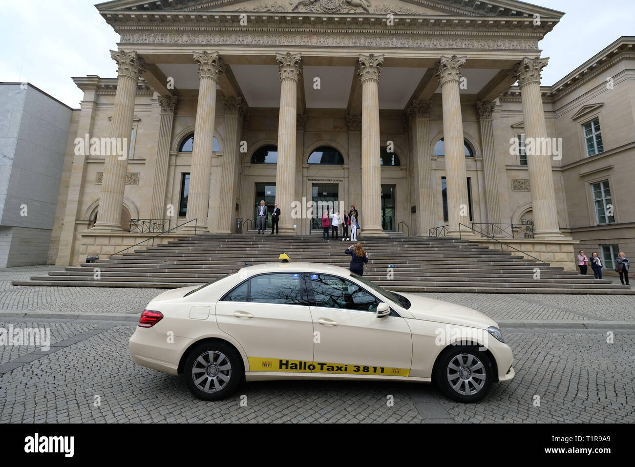 Hannover, Germany. 28th Mar, 2019. Taxi drivers protest with a