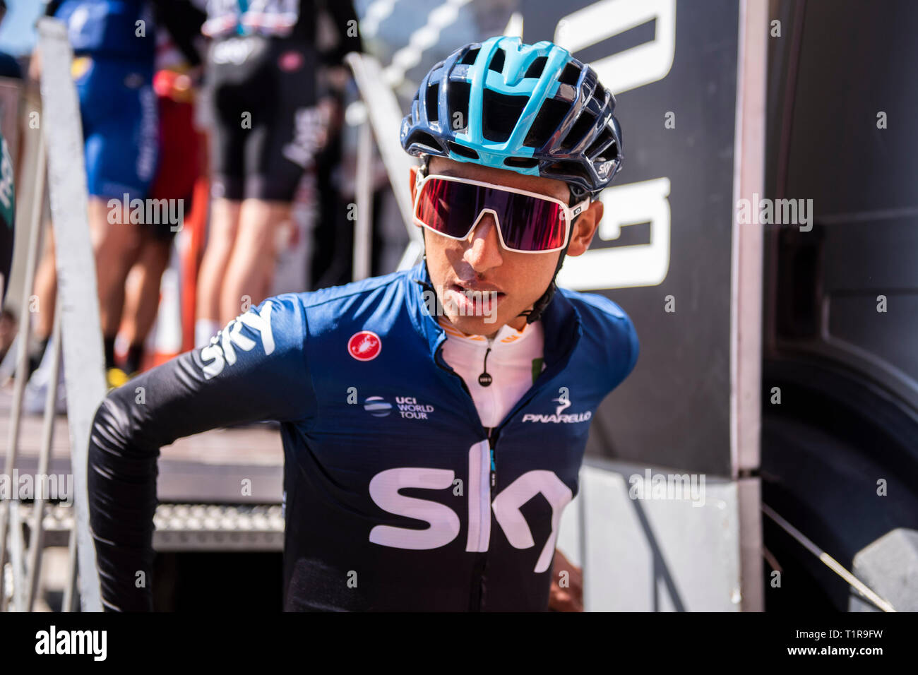 Vall de Camprodon, Catalonia, Spain. 28th Mar, 2019. Volta a Catalunya cycling stage 4, Llanars to La Molina; Egan Bernal COL of Team Sky before the stage in Llanars Credit: Action Plus Sports/Alamy Live News Stock Photo