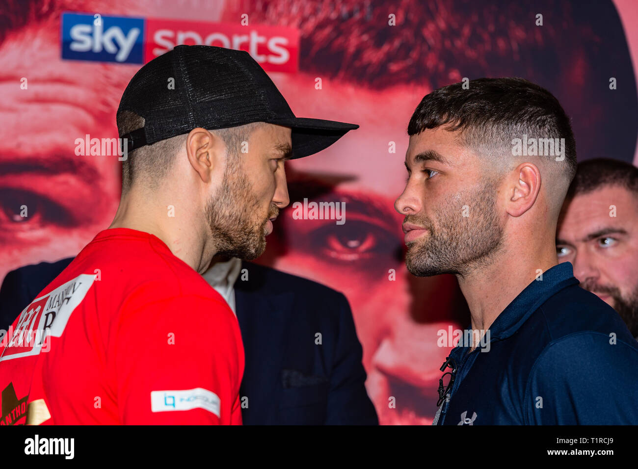 Liverpool, UK. 28th March, 2019. Eddie Hearn (back), Anthony Fowler and Fitzgerald during Liam Smith vs. Sam Eggington Final Press Conference at The Cunard Building on Thursday, 28 March 2019. LIVERPOOL, ENGLAND. (Editorial use only, license required for commercial use. No use in betting, games or a single club/league/player publications.) Credit: Taka G Wu/Alamy News Stock Photo