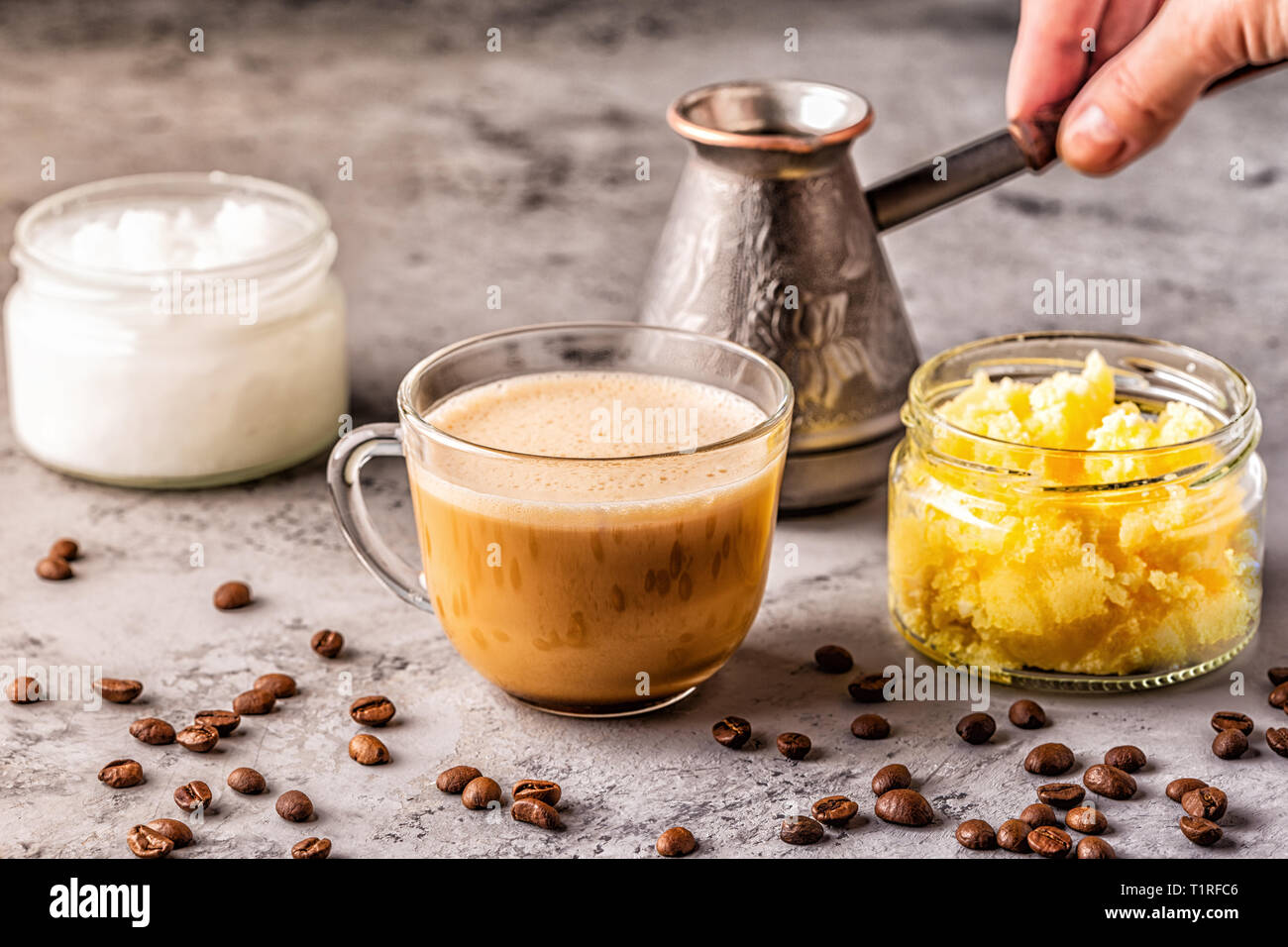 Coffee blended with ghee butter and MCT coconut oil, paleo, keto
