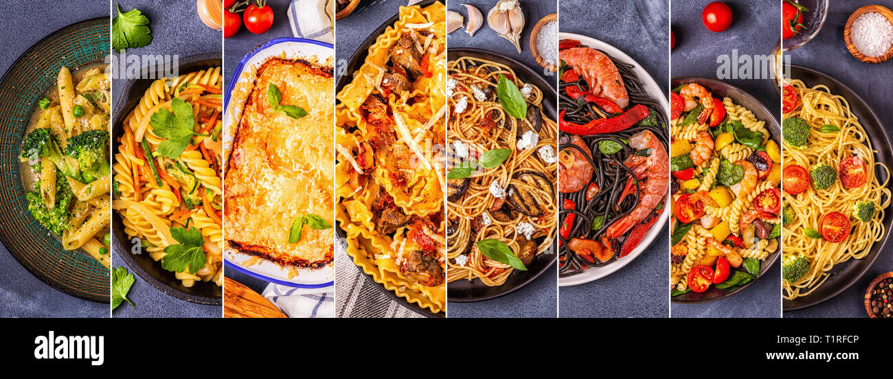 Collage of various pasta dishes, top view. Stock Photo
