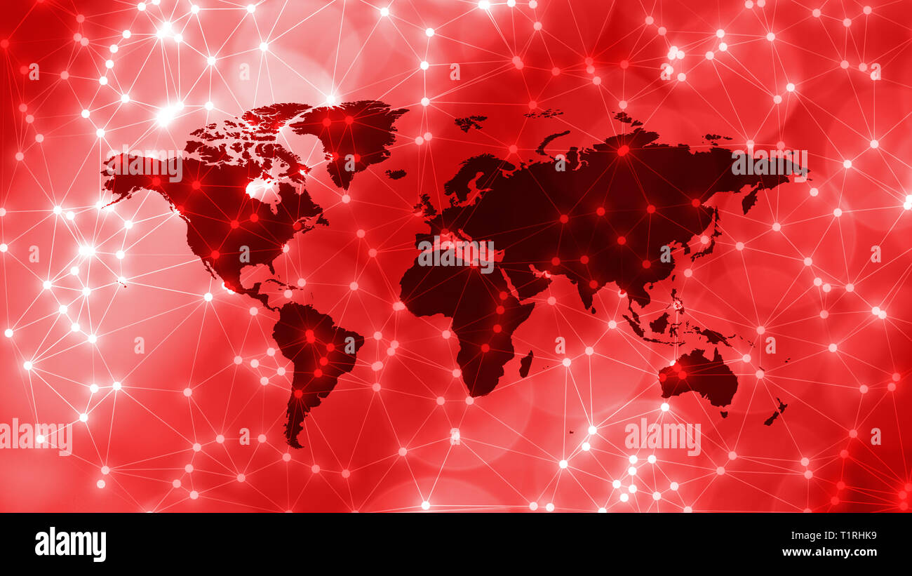 Machine learning network bots, world map and connected lines with circles Stock Photo