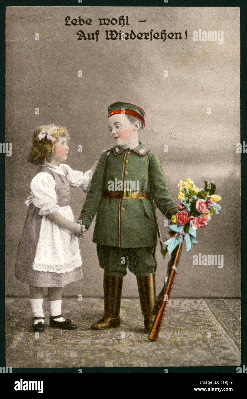 Germany, Schleswig-Holstein, Kaltenkirchen, Ww I, patriotic postcard woth the text: 'Lebe wohl - Auf Wiedersehen !' (Farewell- Goodbye !) and a coloured drawing with two children (a girl and a boy with uniform and gun), saying goodbye, postcard sent 25. 08. 1916, artist unknown, publishing house unknown. , Additional-Rights-Clearance-Info-Not-Available Stock Photo