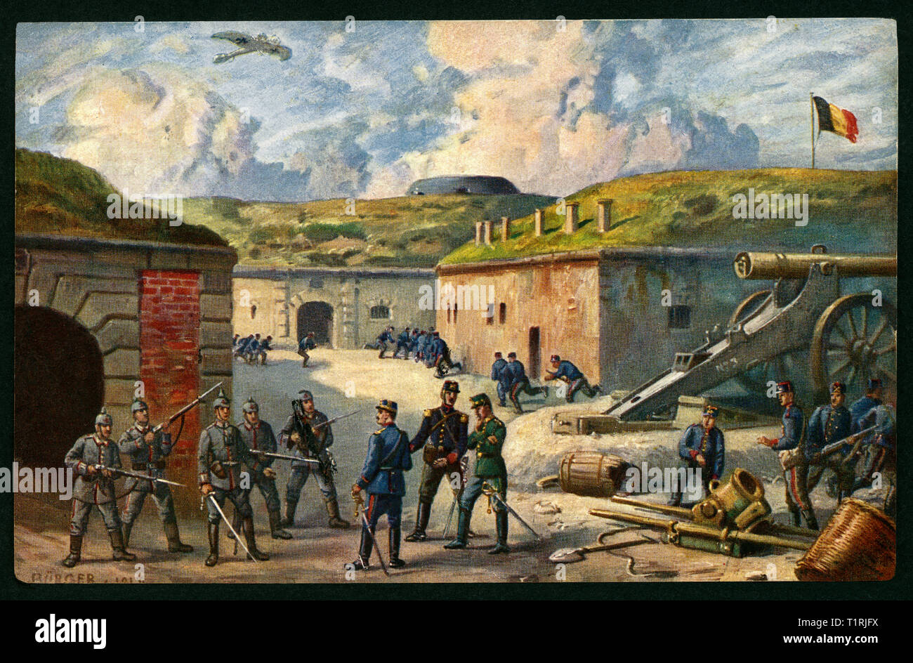 Germany, Belgium, Wallonia, Namur, WW I, postcard with an coloured drawing, text: 'Fort Malonne (Namur), conquered 26. 08. 1914 by Lieutenant v.d. Linde and four soldiers ',  postcard sent 17. 11. 1915, artist: J. Bürger? (no more informations), published by Farbenphotogr. Gesellschaft, Stuttgart., Additional-Rights-Clearance-Info-Not-Available Stock Photo