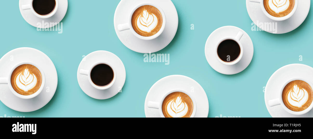 Many Cups Of Coffee And Cappuccino With Latte Art On Turquoise