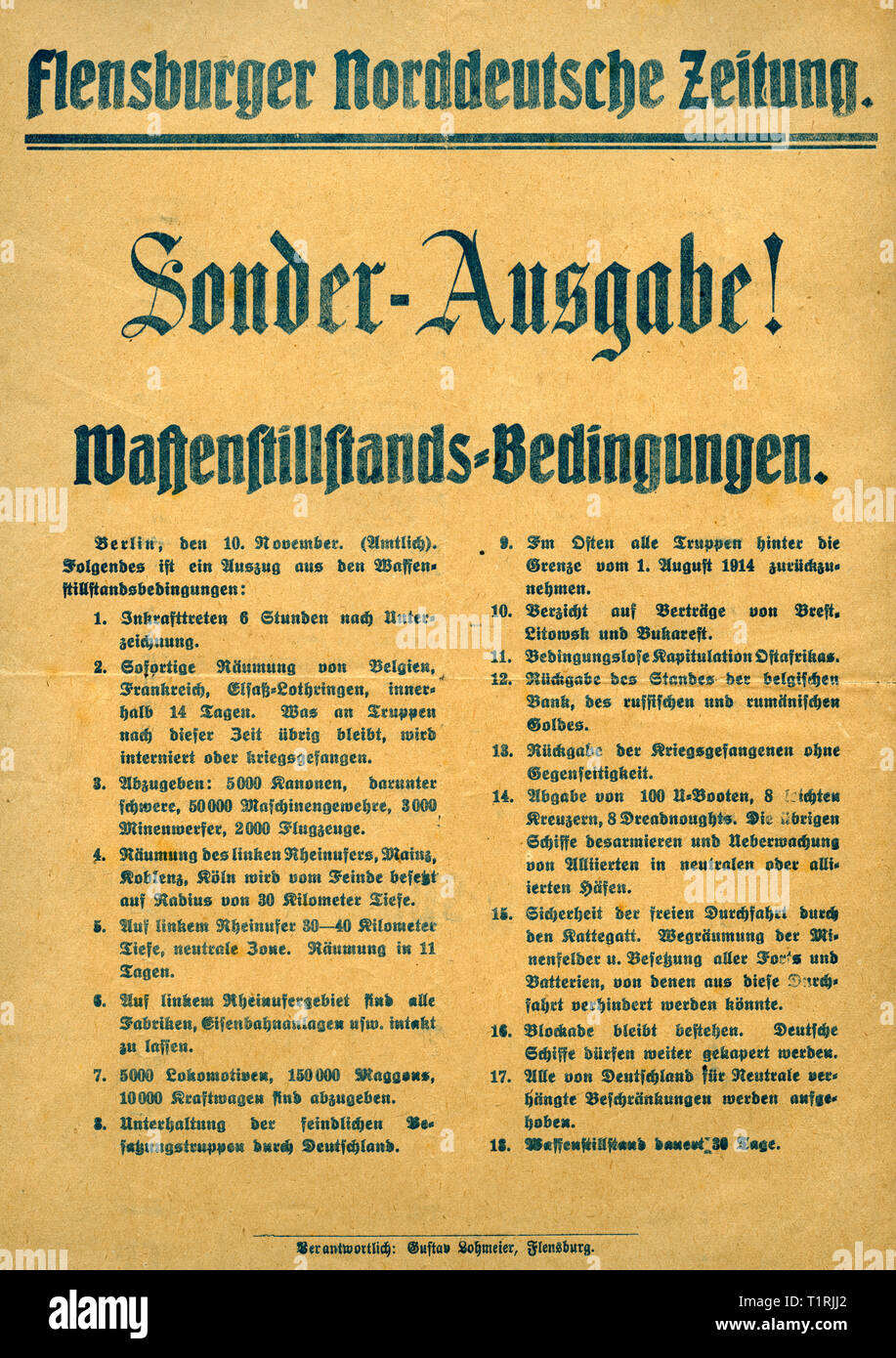 Germany, Berlin, WW I, terms of armistice, poster from the newspaper ' Flensburger Norddeutsche Zeitung ',  responsible Gustav Lohmeier, Flensburg, original size 26 cm x 33 cm. , Additional-Rights-Clearance-Info-Not-Available Stock Photo