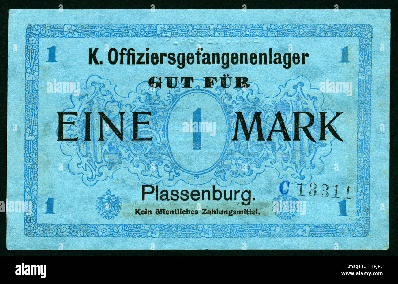 Germany, Bavaria, Kulmbach, Plassenburg, WW I, officers prison camp Plassenburg, notes for the camp, one mark, front side, size 13 cm x 8 cm. , Additional-Rights-Clearance-Info-Not-Available Stock Photo