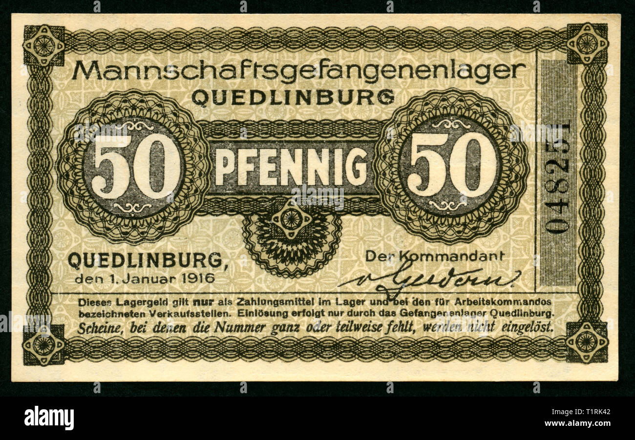 Germany, Saxony-Anhalt, Quedlinburg, WW I, prison camp, note only for the camp for 50 pence, printed 01.January 1916, size 9,6 cm x 5,7 cm.  , Additional-Rights-Clearance-Info-Not-Available Stock Photo