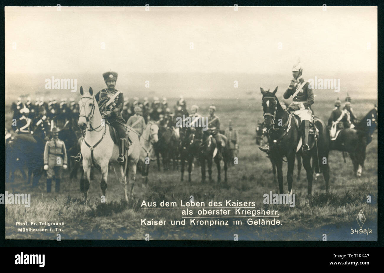 Germany, originaltext of the postcard: 'Aus dem Leben des Kaisers als oberster Kriegsherr, Kaiser und Kronprinz im Gelände' (The life of our Emperor as our commander-in-chief, our Emperor and the Crown prince in the terrain), Photo by Franz Tellgmann 8 1853-1933), Royal photograpf and war photograph, Mühlhausen, Thuringia. , Additional-Rights-Clearance-Info-Not-Available Stock Photo