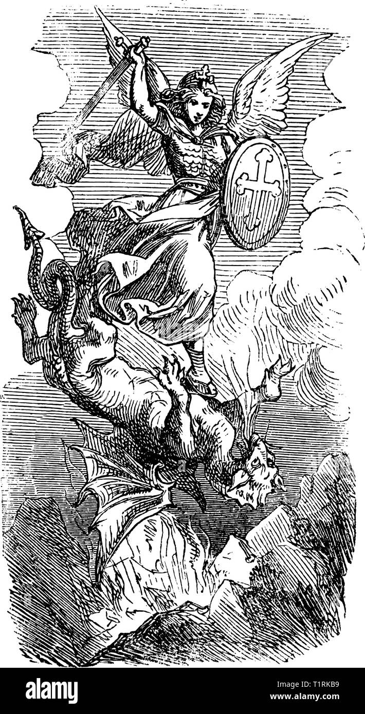 Vintage antique illustration and line drawing or engraving of biblical Archangel Michael fighting and defeating Satan as dragon. Revelation 12:7-9. Stock Vector