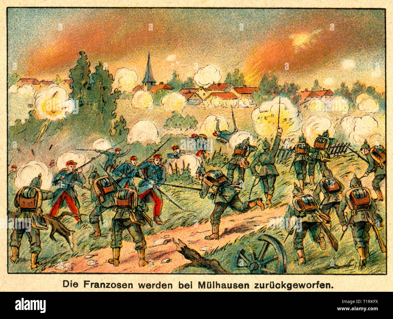 Germany, Berlin, WW I, coloured drawing with the title: 'Die Franzosen werden bei Mülhausen zurückgeworfen' ( The French soldiers go back near Mulhouse), image from the leporello: 'Unity makes us strong - the war of people 1914 ', issue No. 1, artist unknown, publishing house unknown, date of publishing unknown. , Additional-Rights-Clearance-Info-Not-Available Stock Photo