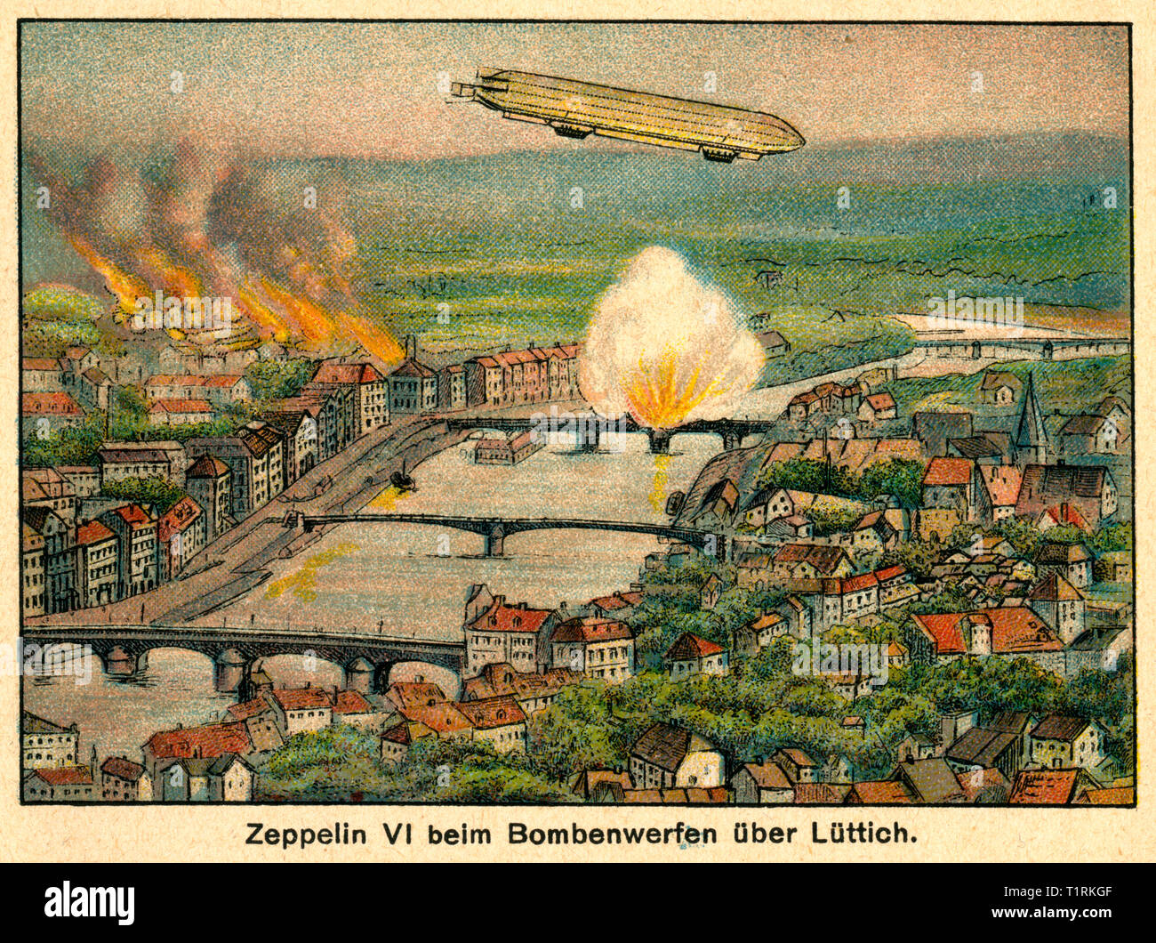 Germany, Berlin, WW I, coloured drawing with the title ' Zeppelin VI beim Bombenwerfen über Lüttich' (Bombing of Liege by an zeppelin), image from the leporello: 'Unity makes us strong - the war of  people 1914 ', issue No. 1, artist unknown, publishing house unknown, date of publishing unknown. , Additional-Rights-Clearance-Info-Not-Available Stock Photo