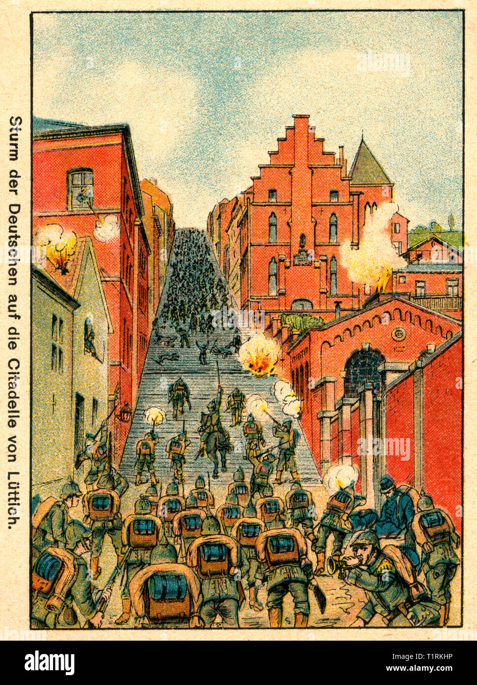 Germany, Berlin, WW I, coulered with the title:' Sturm der Deutschen auf die Citadelle von Lüttich '  ( German storming the citadel of Liege), image from the leporello  ' Unity makes us strong - the war of people 1914 ', issue No. 1, artist unknown, publishing house unknown, date of publishing unknown. , Additional-Rights-Clearance-Info-Not-Available Stock Photo