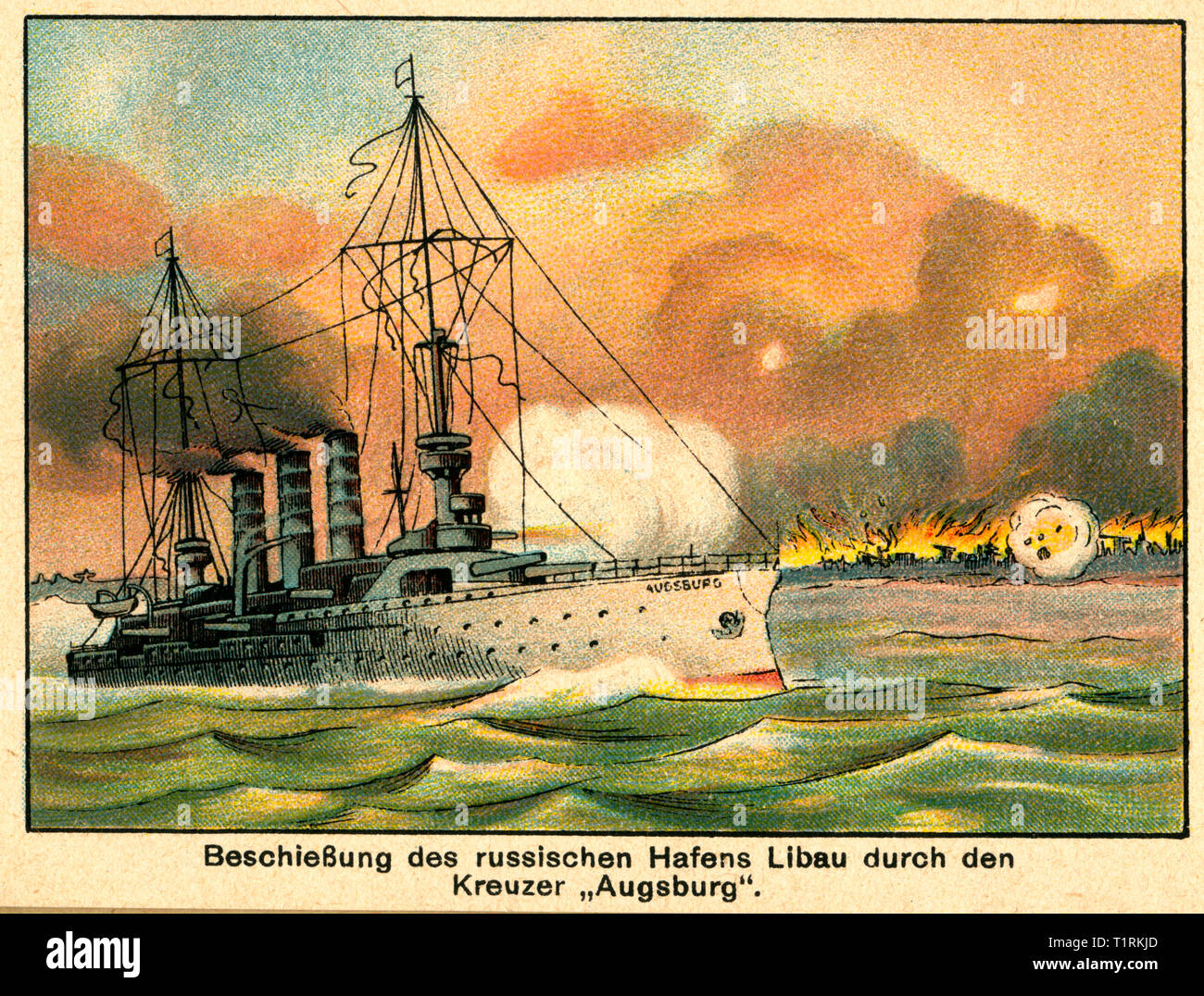 Germany, Berlin, WW I, coloured drawing with the title ' Beschießung des russischen Hafens Libau durch den Kreuzer Augsburg' (Bombardment the Russian harbour Libau by the cruiser Augsburg), image from the leporello ' Unity makes us strong - the war of people 1914 ', issue No. 1, artist unknown, publishing house unknown, date of publishing unknown. , Additional-Rights-Clearance-Info-Not-Available Stock Photo