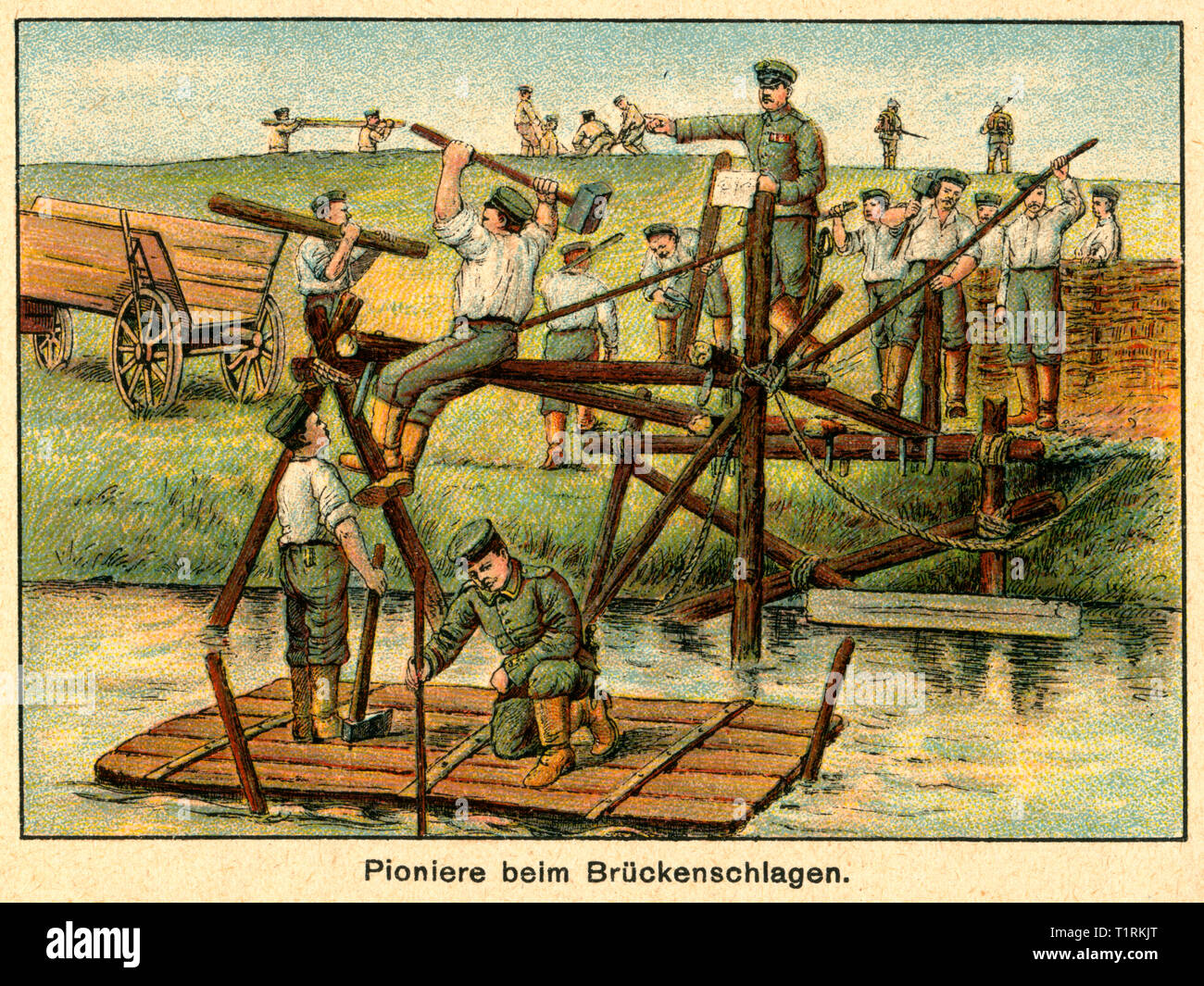 Germany, Berlin, WW I, coloured drawing with the title: 'Pioniere beim Brückenschlagen' (sappers building bridges), image from the leporello: 'Unity makes us strong - the war of people 1914 ', issue No. 1, artist uknown, publishing house unknown, publishing date unknown. , Additional-Rights-Clearance-Info-Not-Available Stock Photo