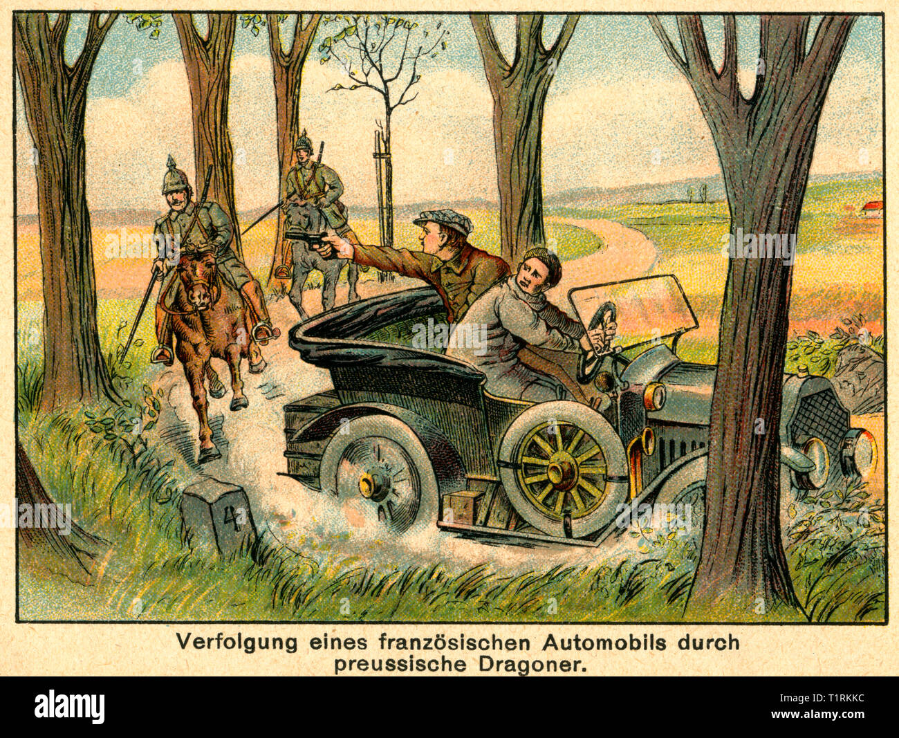 Germany, Berlin, colored drawing with the title: 'Verfolgung eines französischen Automobils durch preussische Dragoner' (Persuit French car by Prussian dragoons), image from the leporello: 'Unity makes us strong - the war of people 1914 ', issue No. 1, artist unknown, publishing house unknown, date of publishing unknown. , Additional-Rights-Clearance-Info-Not-Available Stock Photo