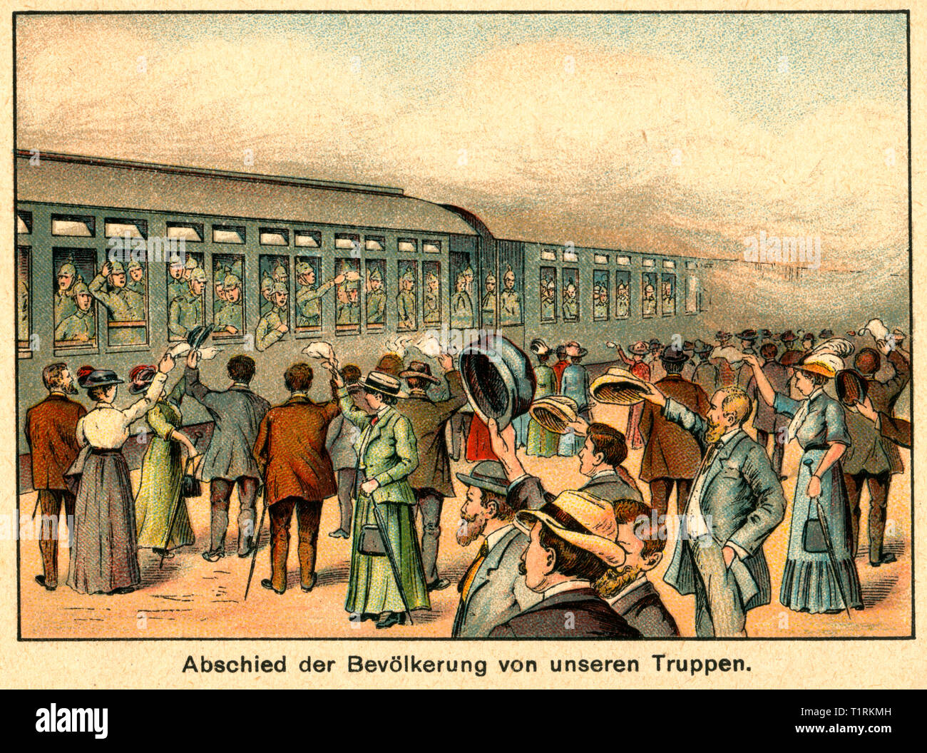 Germany, Berlin, WW I, coloured drawing with the title: 'Abschied der Bevölkerung von unseren Truppen '  ( farewell to our troupes by the people), image from the leporello ' Unity makes us strong - the war of people 1914 ', issue No. 1, artist unknown, publishing house unknown, date of publishing unknown. , Additional-Rights-Clearance-Info-Not-Available Stock Photo