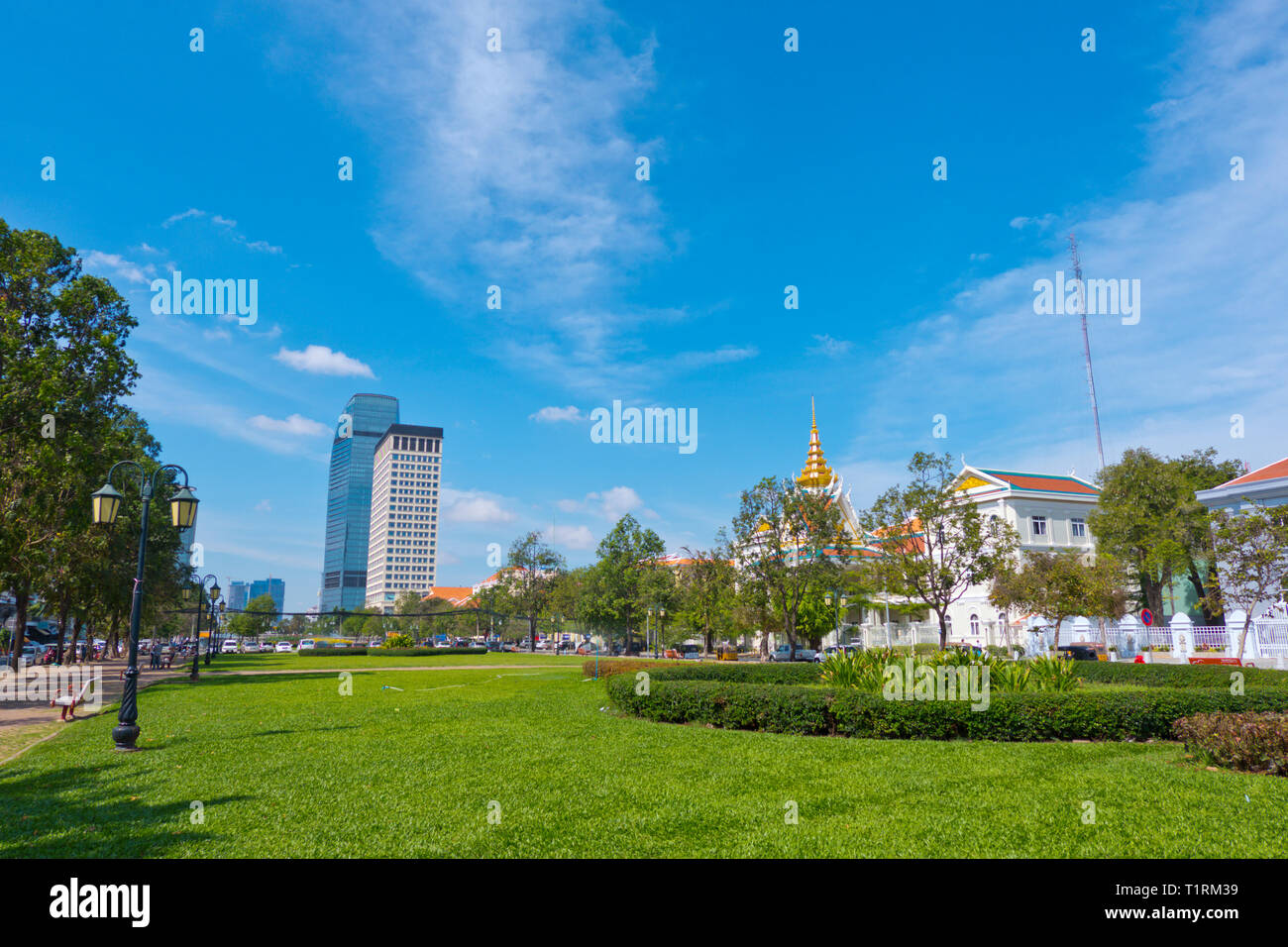 Oknha Ing Bun Hoaw Avenue, the Block, with Exchange Square Mall and Vattanac Capital Tower, Phnom Penh, Cambodia, Asia Stock Photo