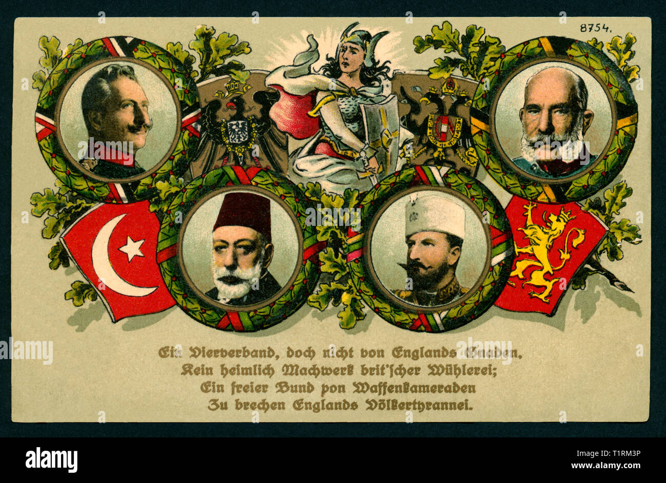 Germany, Hamburg, WW I, propaganda, patriotical postcard with the poen: 'Ein Viererverband, doch nicht von Englands Gnaden... '  (A unit of four but not of English favour) and the portraits of Emperor William II, Emperor Franz Josef I, Tsar Ferdinand I of Bulgaria and Sultan Mehmed V, postcard, sent 29. 04. 1916. , Additional-Rights-Clearance-Info-Not-Available Stock Photo